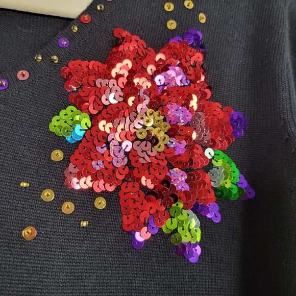 QUACKER FACTORY Black Sequin Christmas Poinsettia Holiday Novelty Sweater XS - Picture 4 of 12